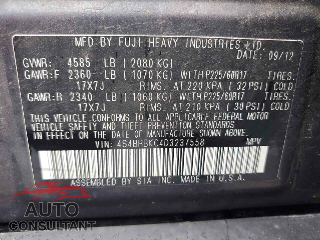 SUBARU OUTBACK 2013 - 4S4BRBKC4D3237558