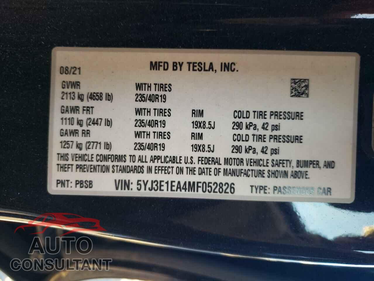 TESLA MODEL 3 2021 - 5YJ3E1EA4MF052826