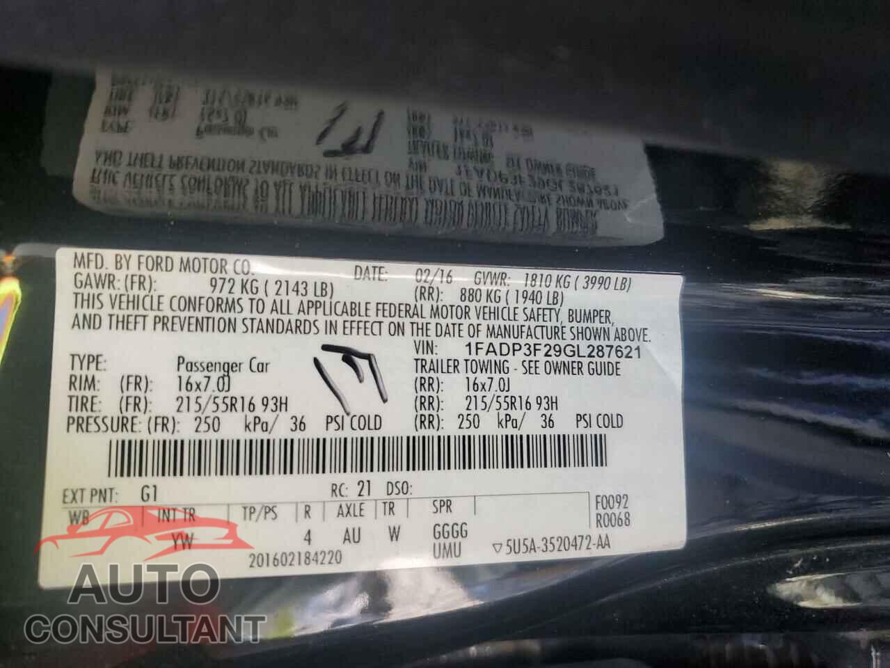 FORD FOCUS 2016 - 1FADP3F29GL287621