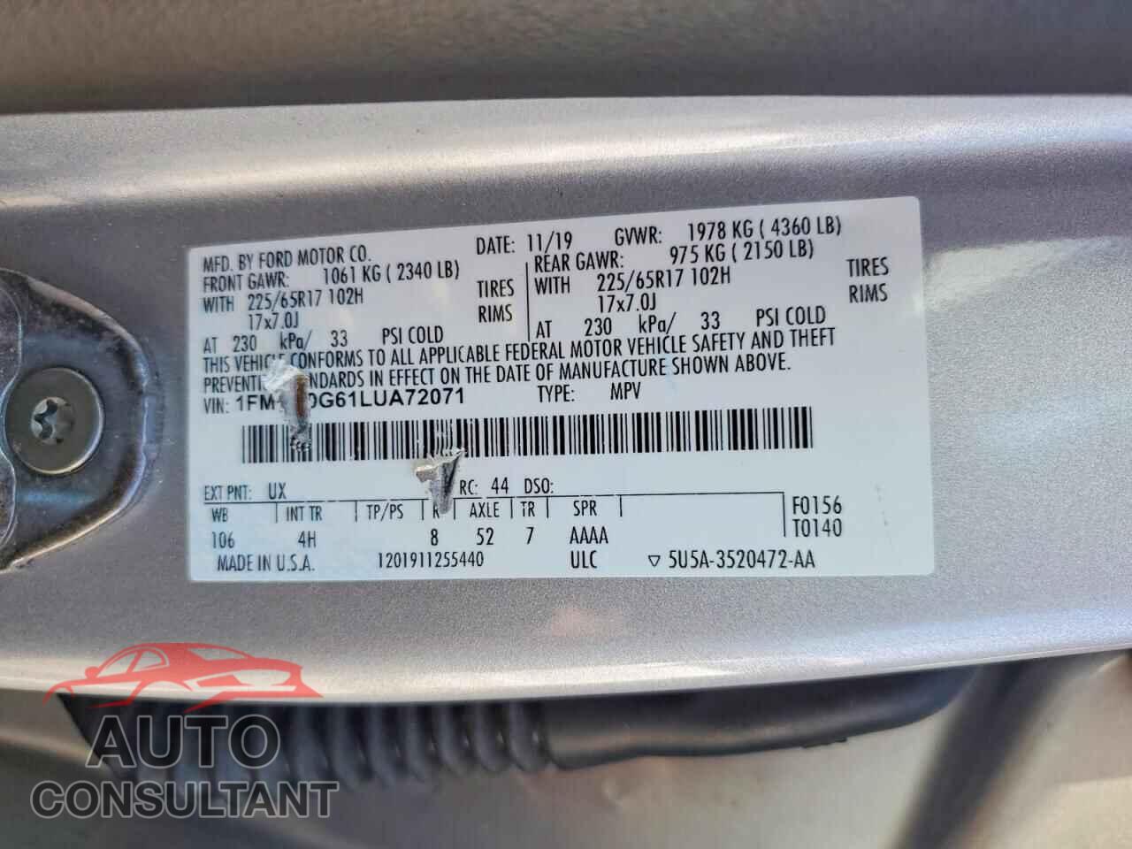 FORD ESCAPE 2020 - 1FMCU0G61LUA72071