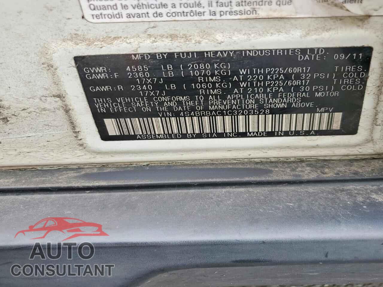 SUBARU OUTBACK 2012 - 4S4BRBAC1C3203528