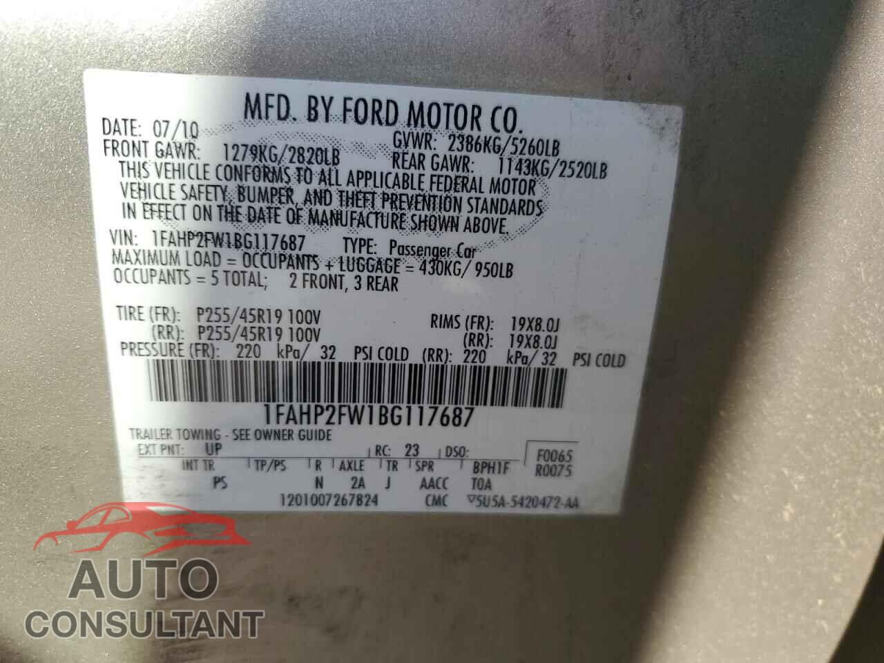FORD TAURUS 2011 - 1FAHP2FW1BG117687