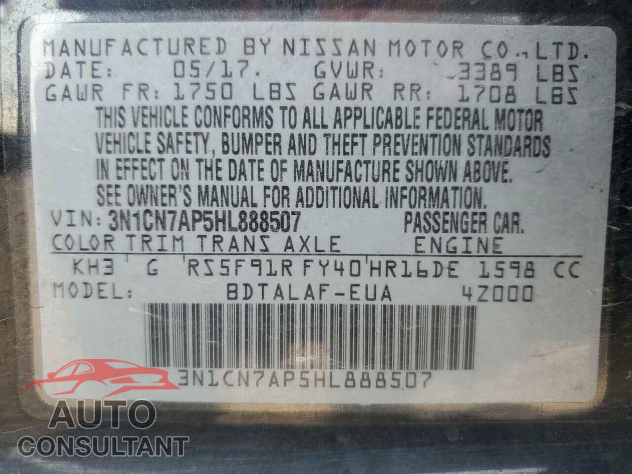 NISSAN VERSA 2017 - 3N1CN7AP5HL888507