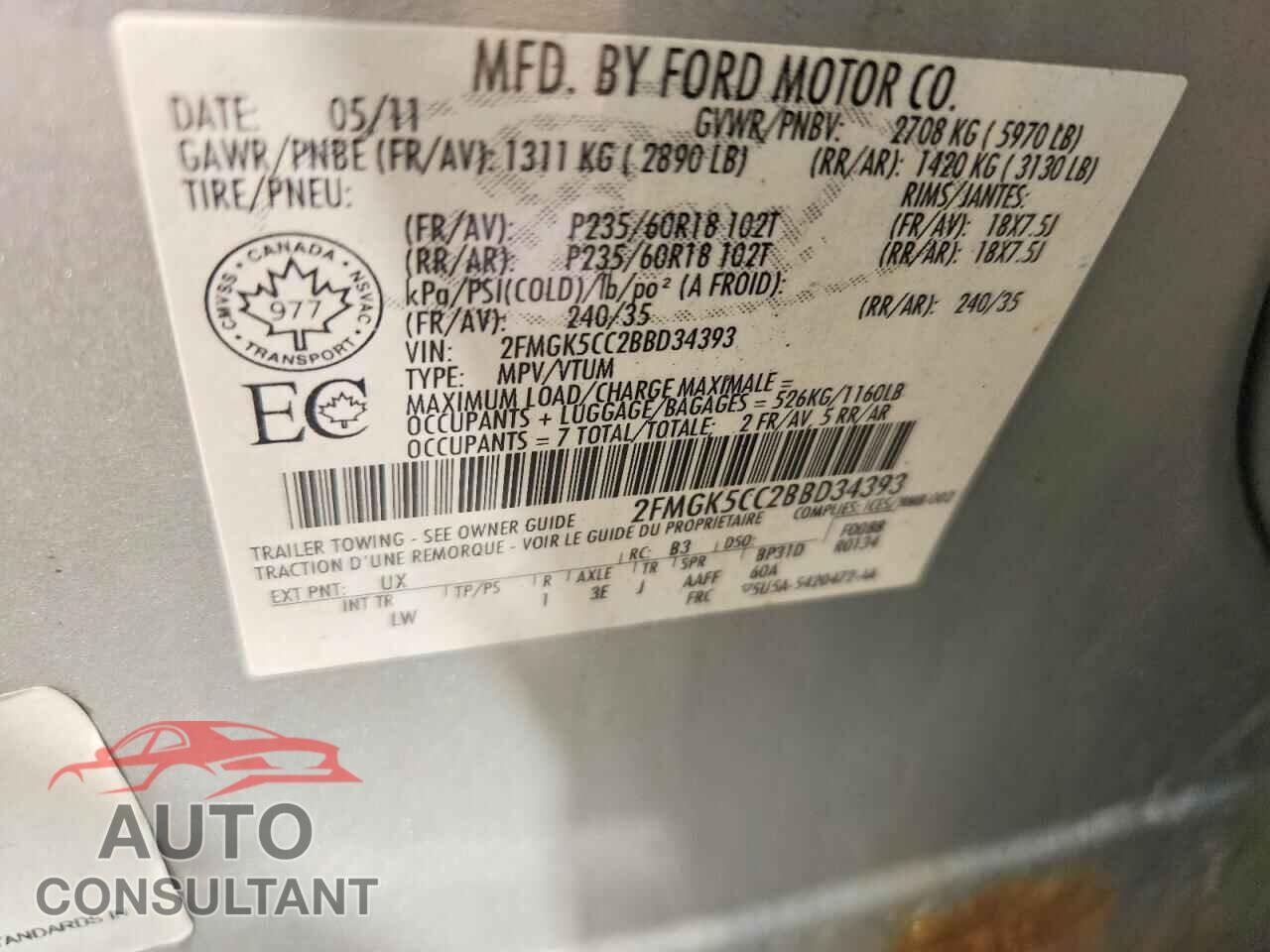FORD FLEX 2011 - 2FMGK5CC2BBD34393
