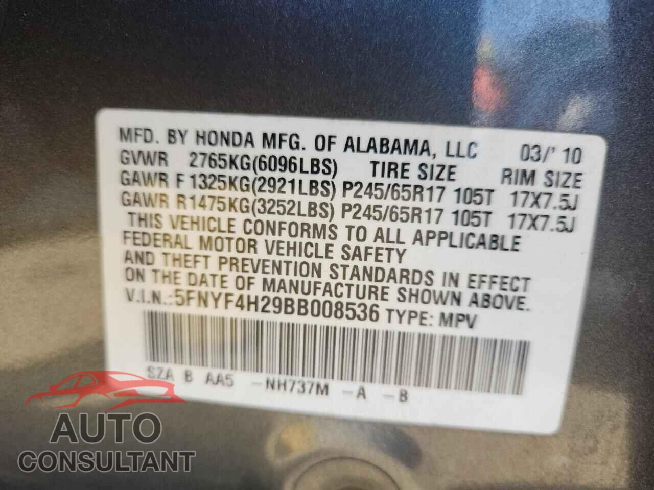HONDA PILOT 2011 - 5FNYF4H29BB008536