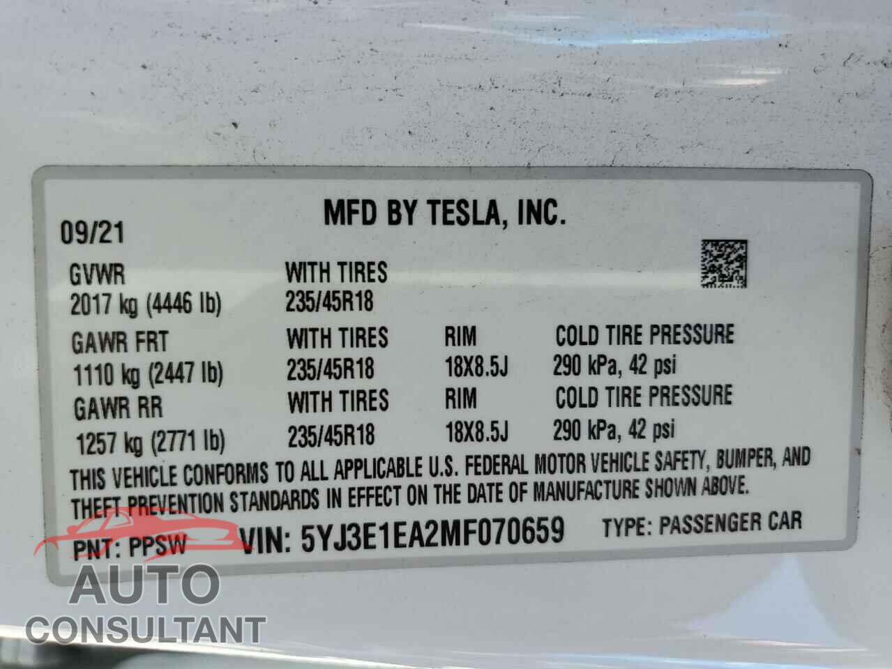 TESLA MODEL 3 2021 - 5YJ3E1EA2MF070659