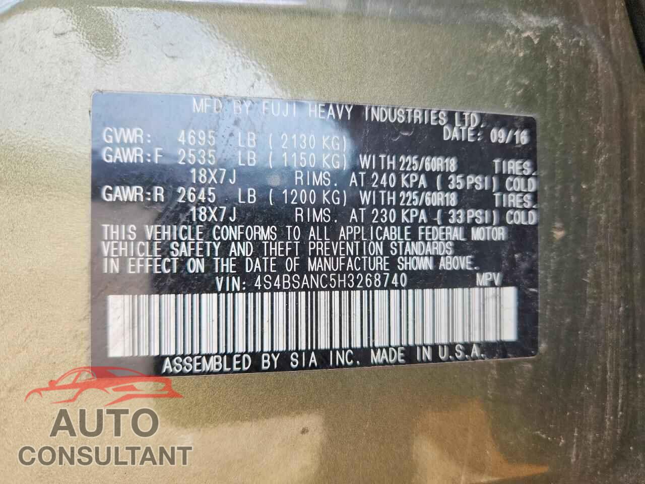 SUBARU OUTBACK 2017 - 4S4BSANC5H3268740