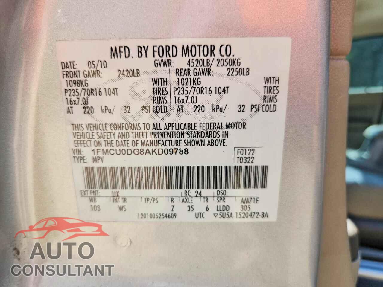 FORD ESCAPE 2010 - 1FMCU0DG8AKD09788