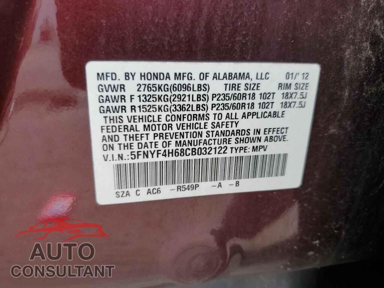 HONDA PILOT 2012 - 5FNYF4H68CB032122