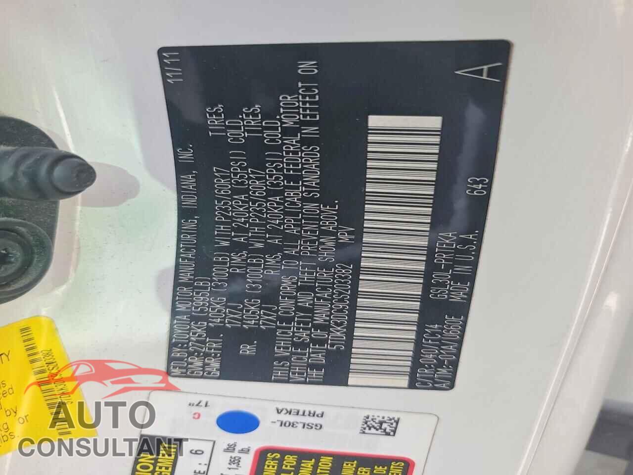 TOYOTA SIENNA 2012 - 5TDKK3DC9CS203382