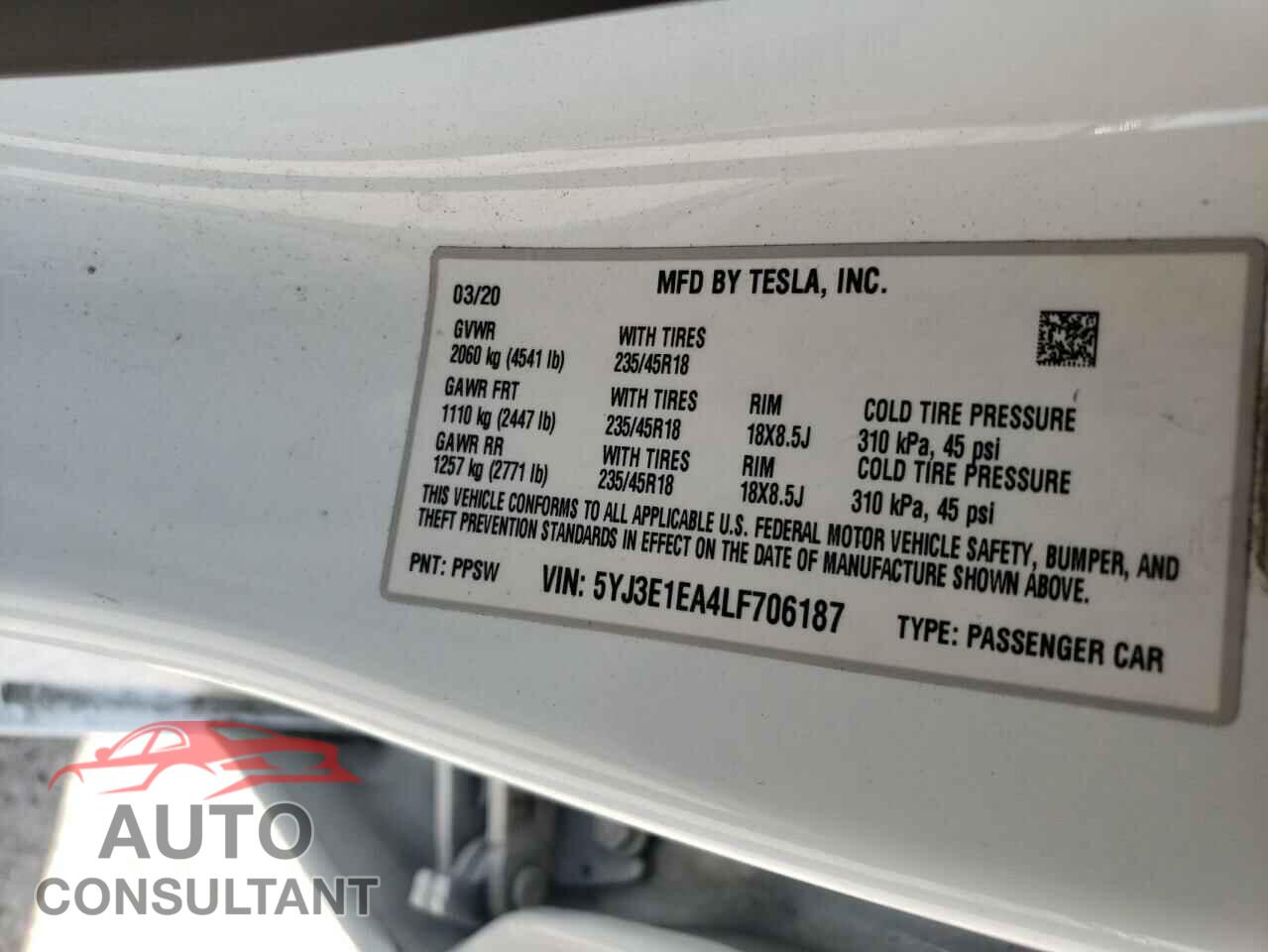 TESLA MODEL 3 2020 - 5YJ3E1EA4LF706187