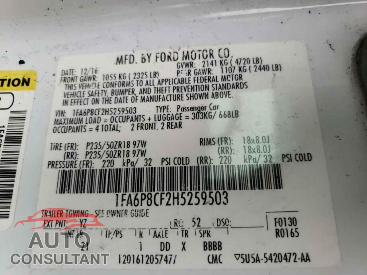 FORD MUSTANG 2017 - 1FA6P8CF2H5259503