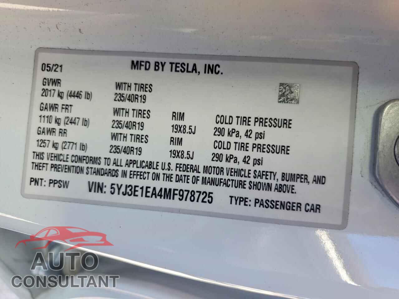TESLA MODEL 3 2021 - 5YJ3E1EA4MF978725