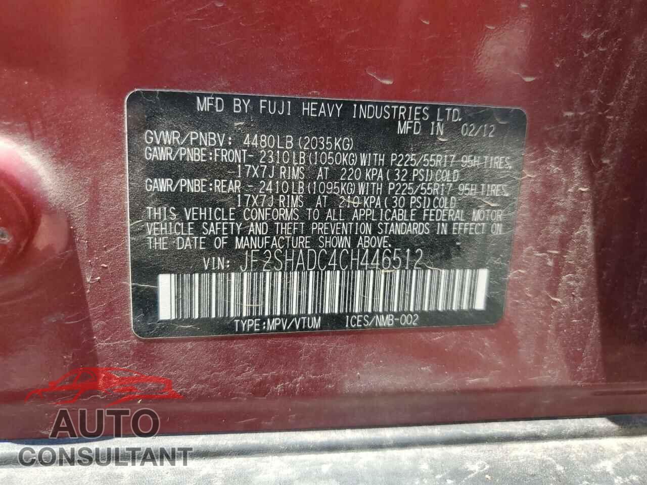 SUBARU FORESTER 2012 - JF2SHADC4CH446512