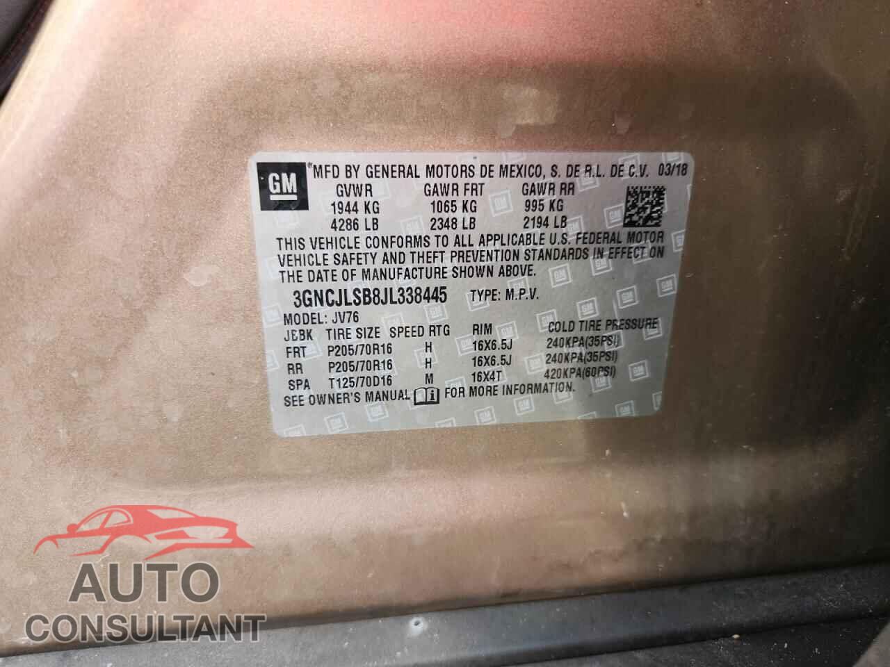 CHEVROLET TRAX 2018 - 3GNCJLSB8JL338445
