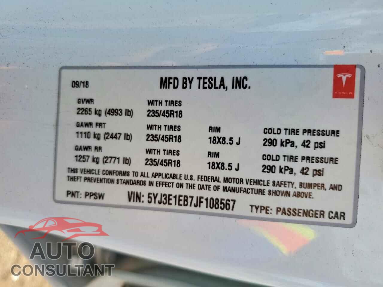 TESLA MODEL 3 2018 - 5YJ3E1EB7JF108567