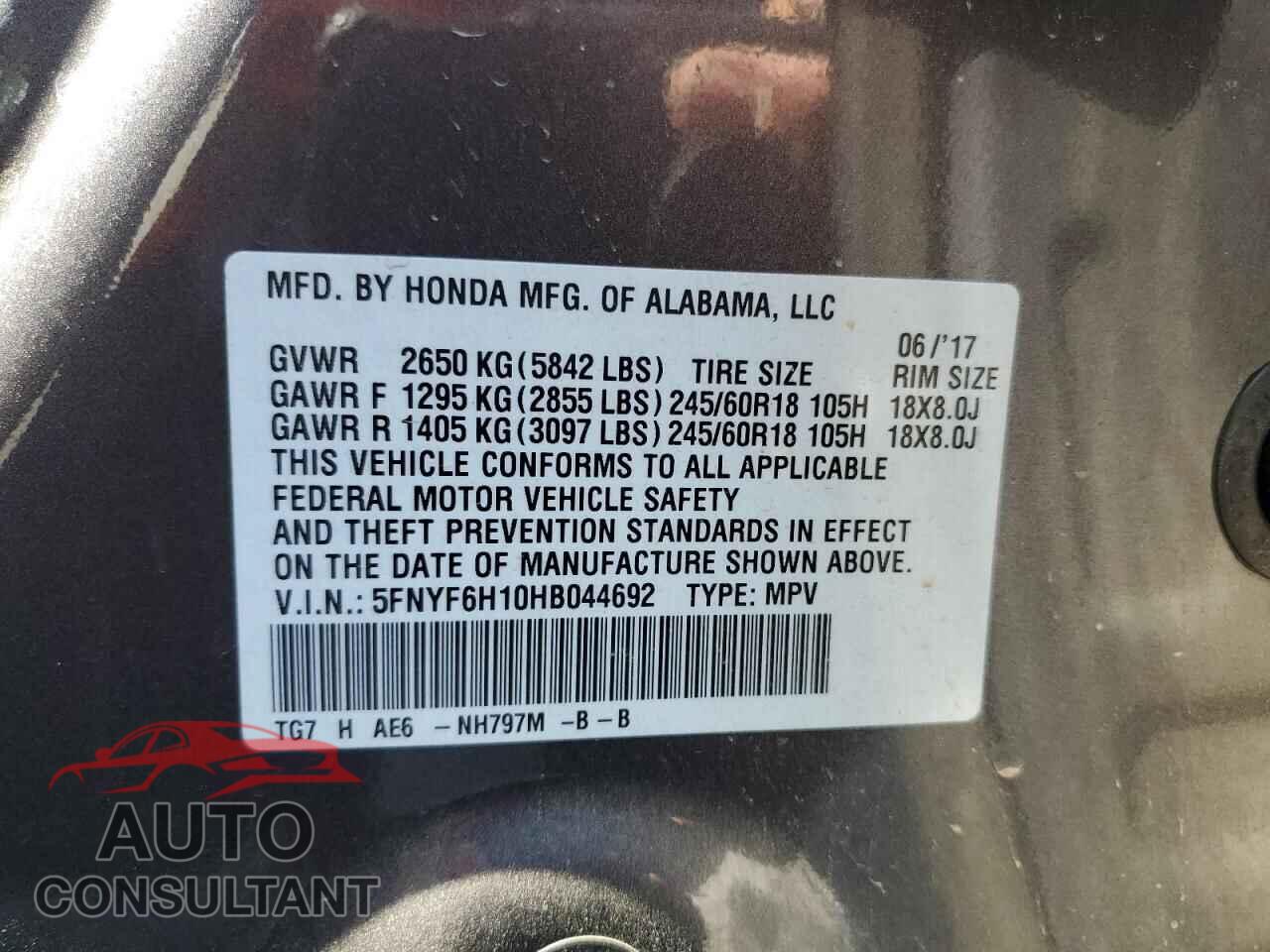HONDA PILOT 2017 - 5FNYF6H10HB044692