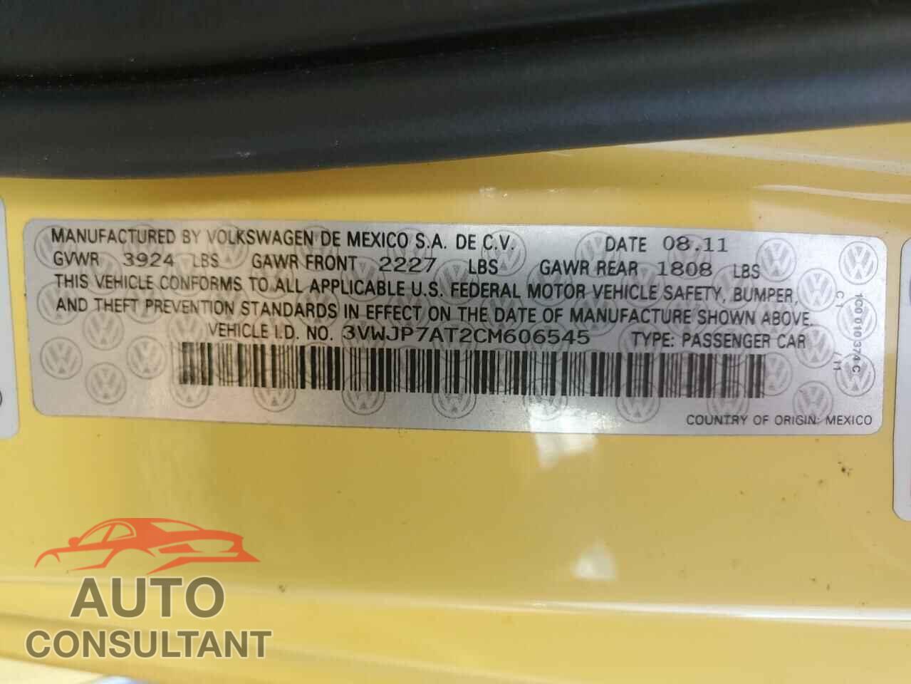 VOLKSWAGEN BEETLE 2012 - 3VWJP7AT2CM606545