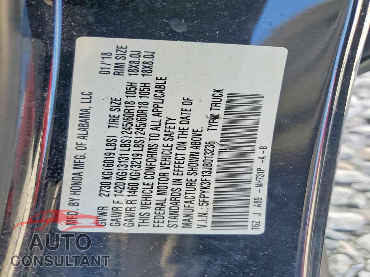 HONDA RIDGELINE 2018 - 5FPYK3F13JB013236