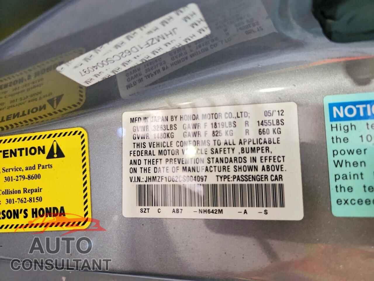 HONDA CR-Z 2012 - JHMZF1D62CS004097