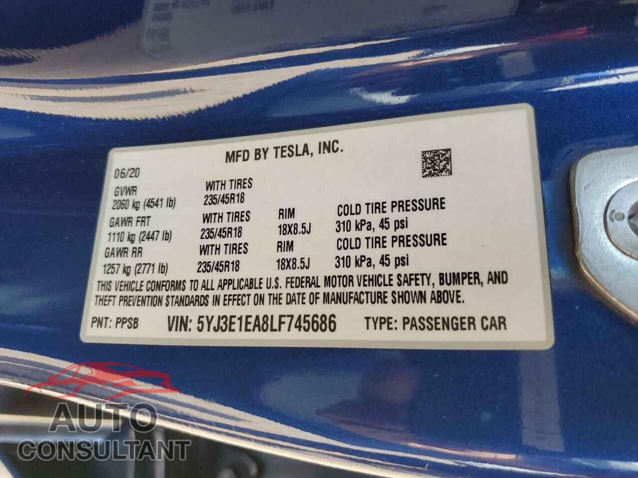 TESLA MODEL 3 2020 - 5YJ3E1EA8LF745686