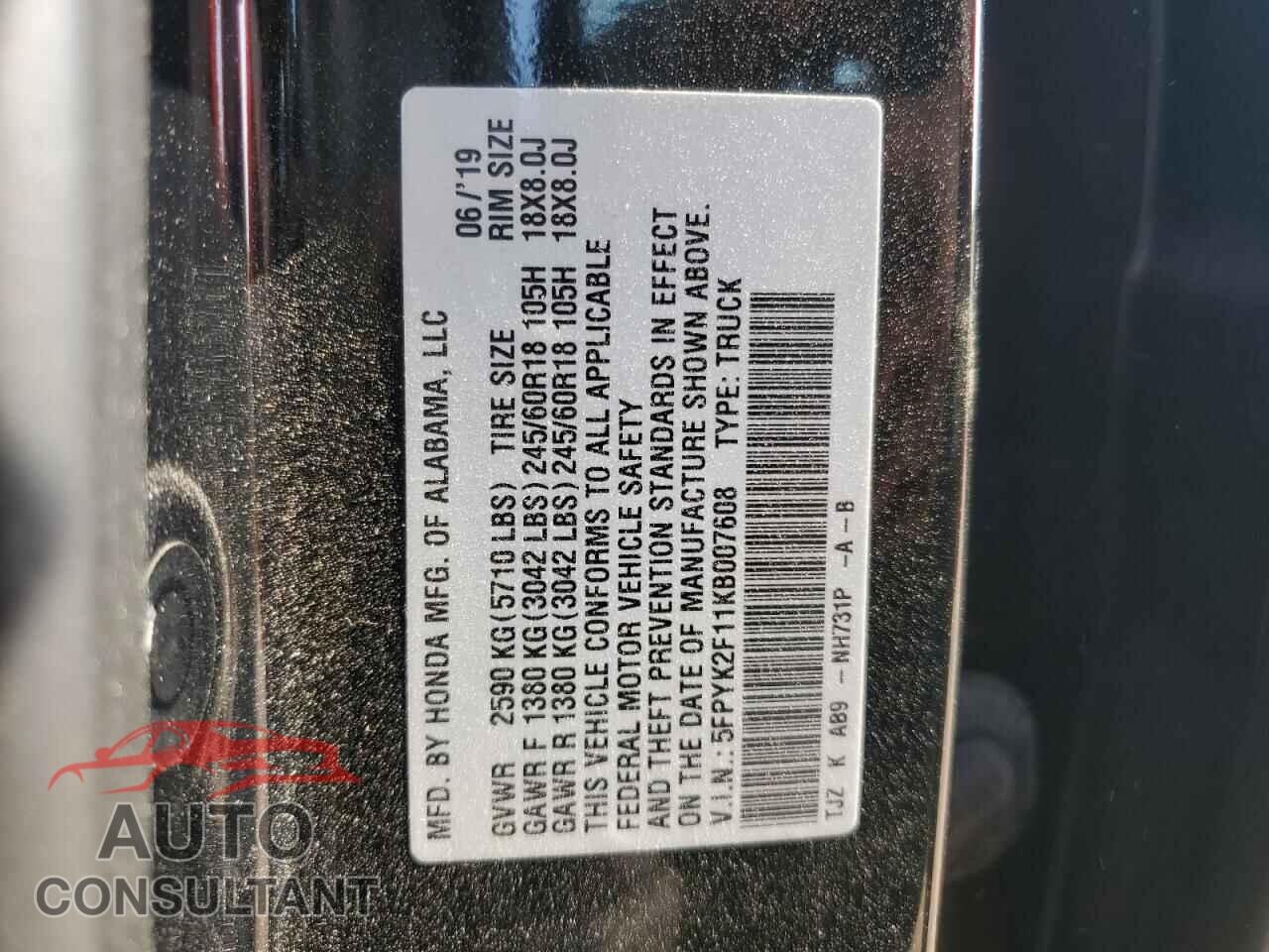 HONDA RIDGELINE 2019 - 5FPYK2F11KB007608