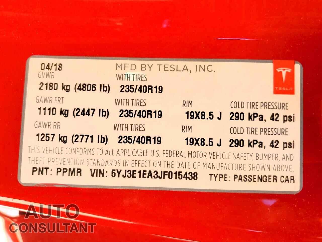 TESLA MODEL 3 2018 - 5YJ3E1EA3JF015438