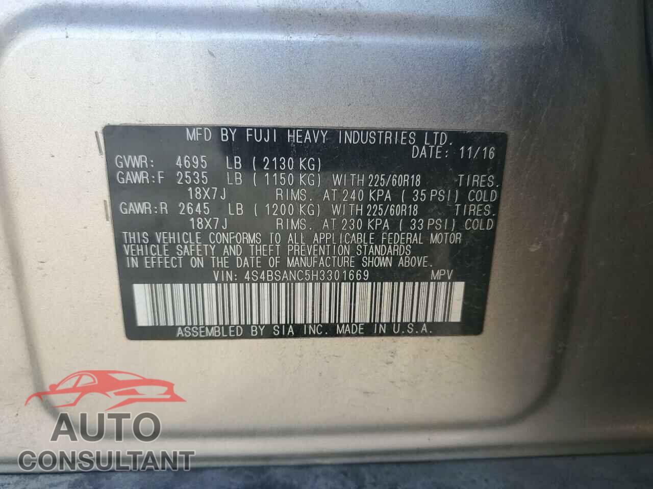 SUBARU OUTBACK 2017 - 4S4BSANC5H3301669