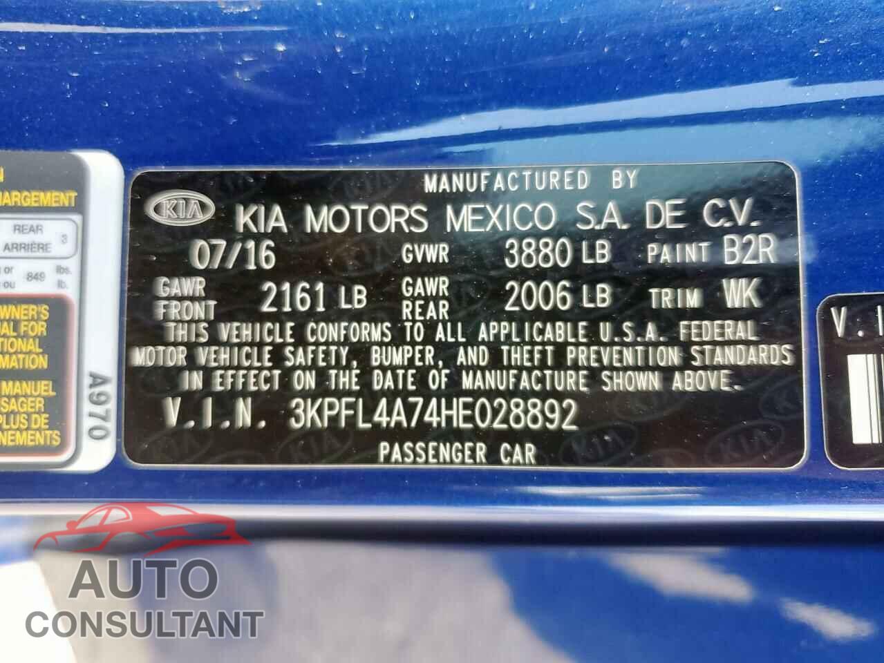 KIA FORTE 2017 - 3KPFL4A74HE028892