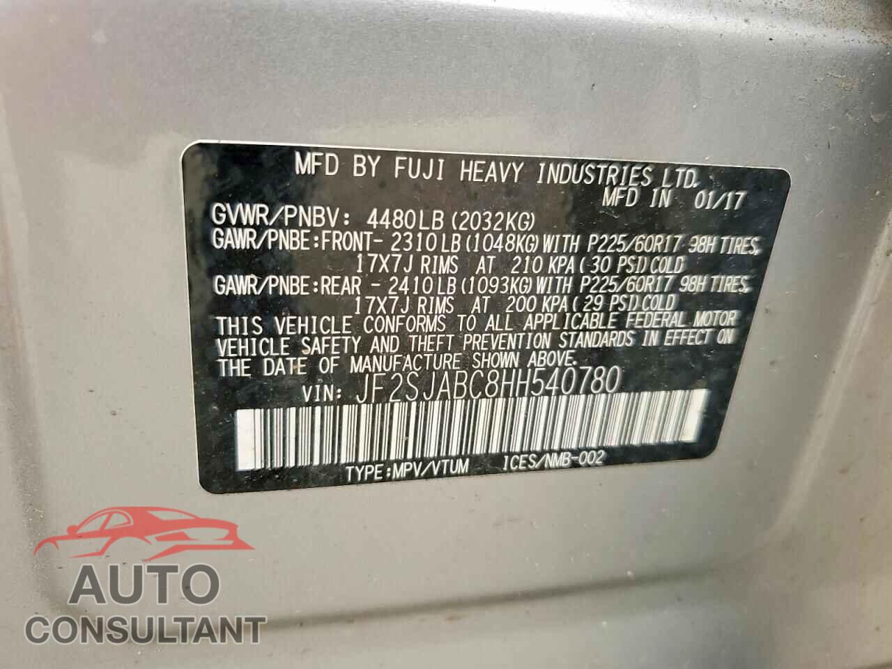 SUBARU FORESTER 2017 - JF2SJABC8HH540780