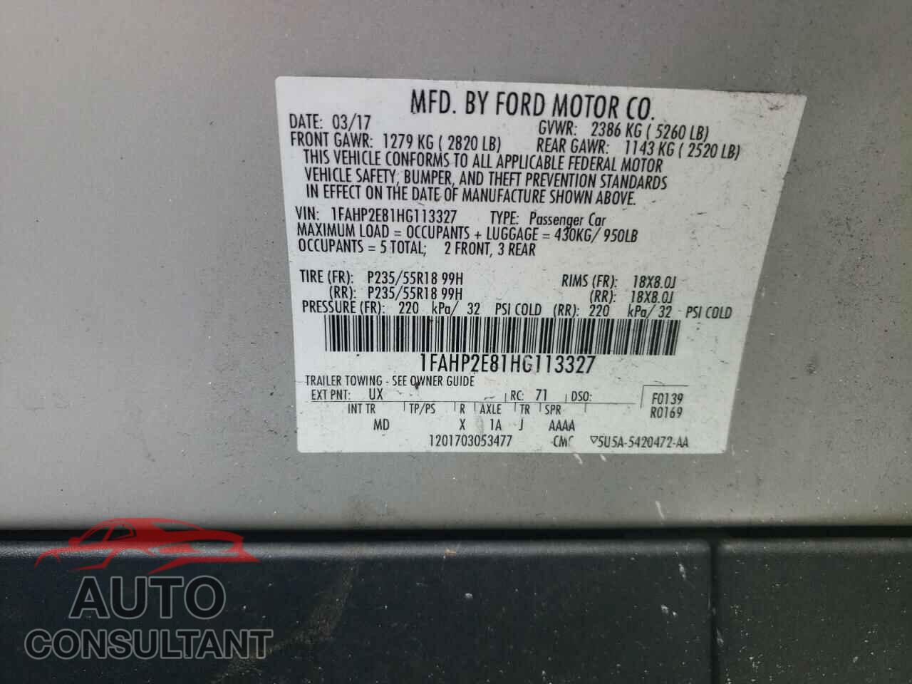 FORD TAURUS 2017 - 1FAHP2E81HG113327