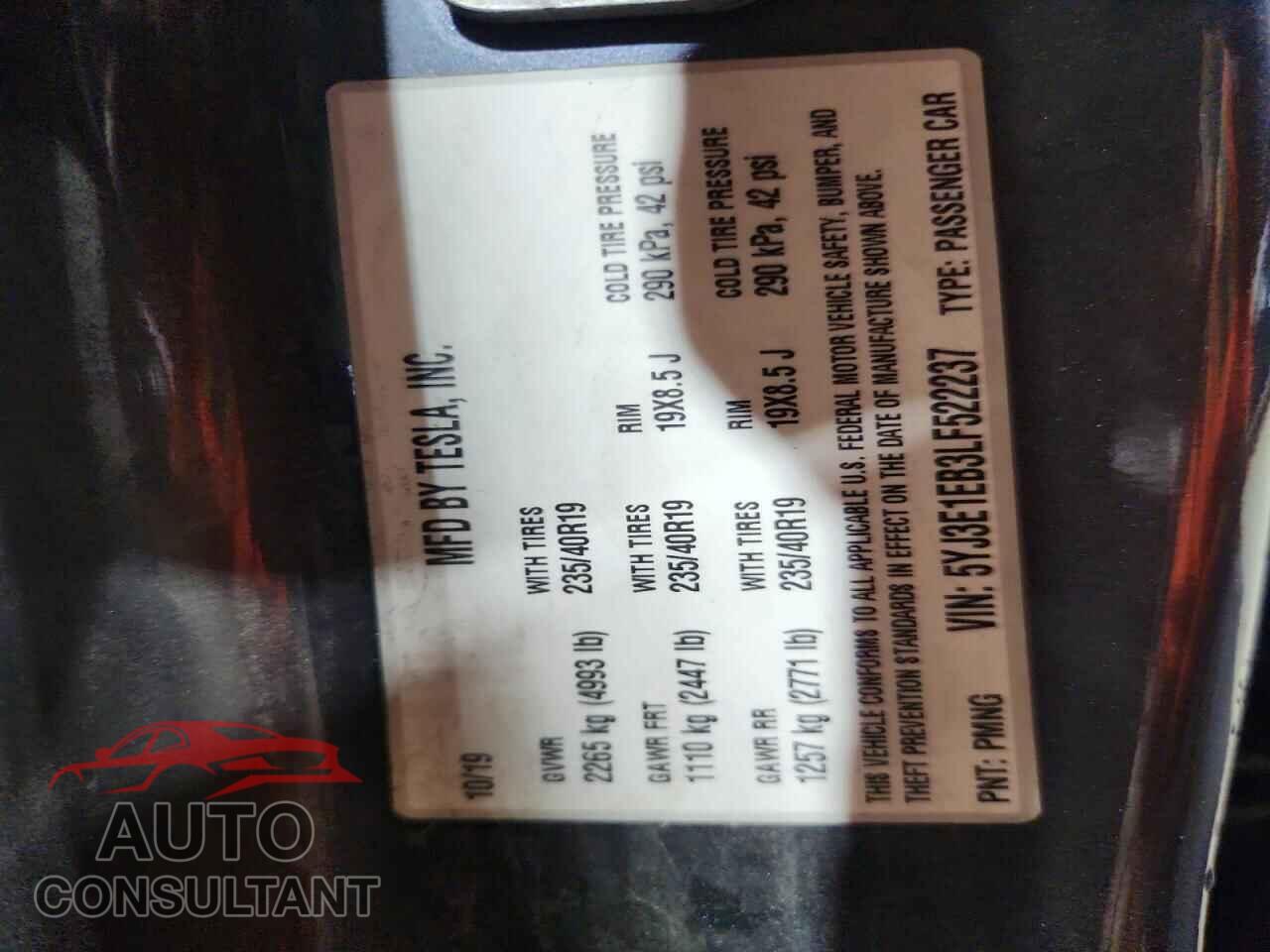 TESLA MODEL 3 2020 - 5YJ3E1EB3LF522237