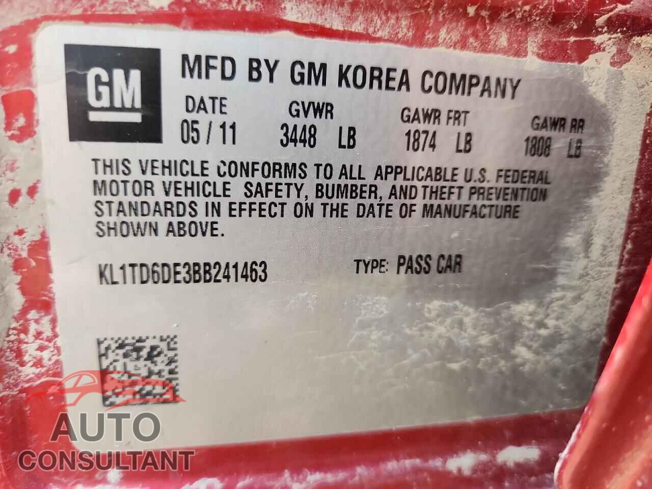 CHEVROLET AVEO 2011 - KL1TD6DE3BB241463