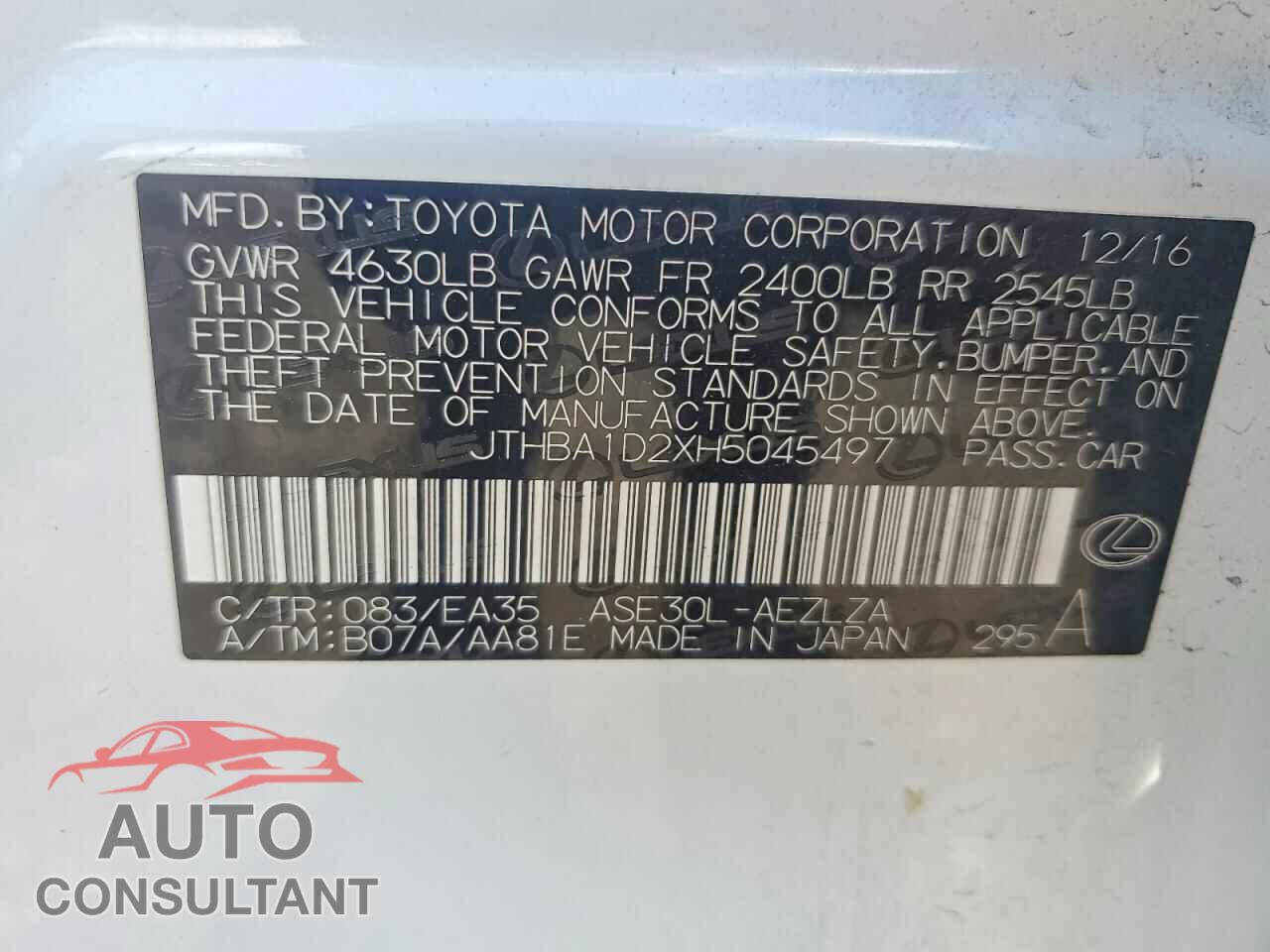 LEXUS IS 2017 - JTHBA1D2XH5045497