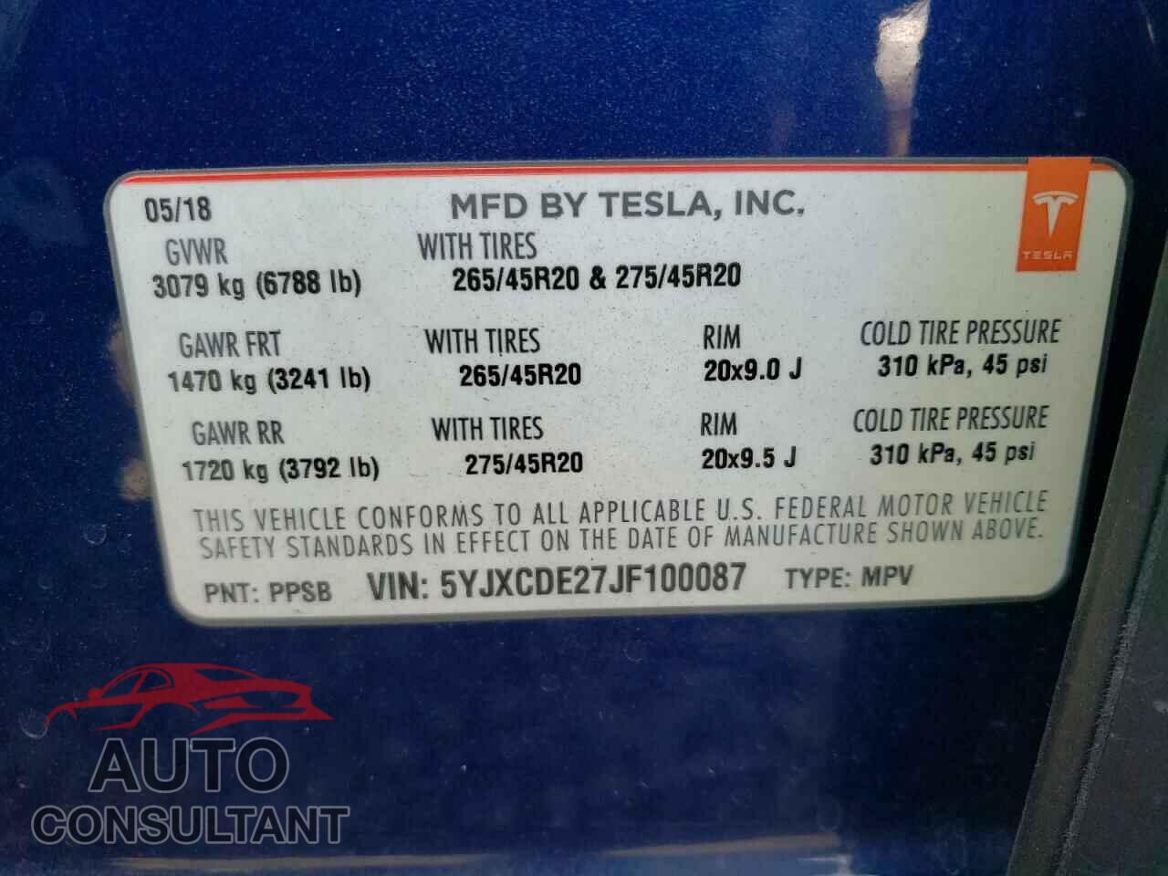 TESLA MODEL X 2018 - 5YJXCDE27JF100087