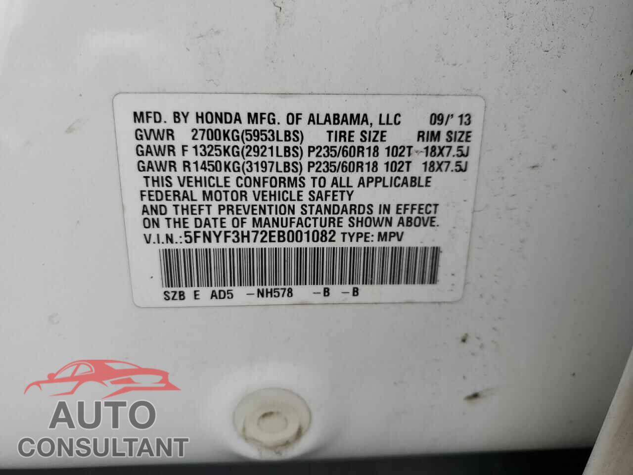HONDA PILOT 2014 - 5FNYF3H72EB001082