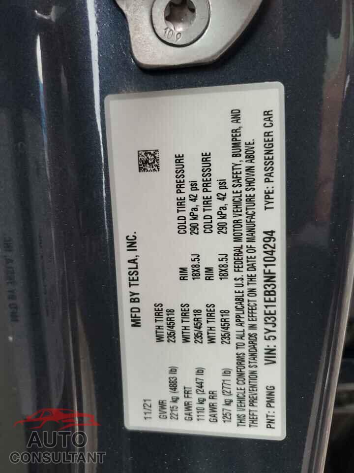 TESLA MODEL 3 2022 - 5YJ3E1EB3NF104294