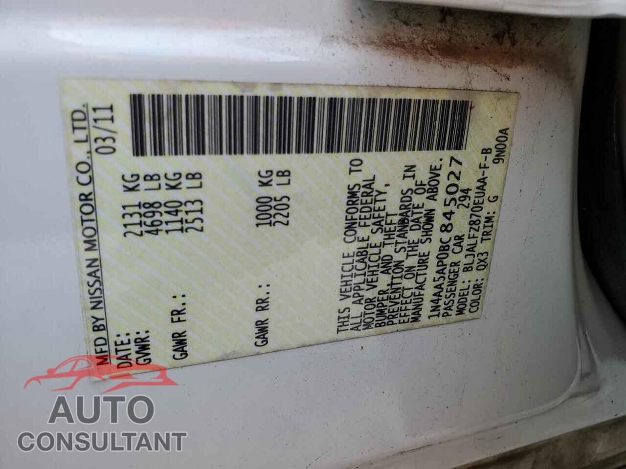 NISSAN MAXIMA 2011 - 1N4AA5AP0BC845027