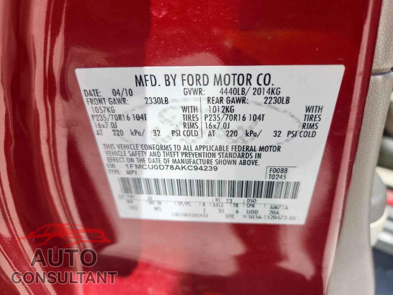 FORD ESCAPE 2010 - 1FMCU0D78AKC94239