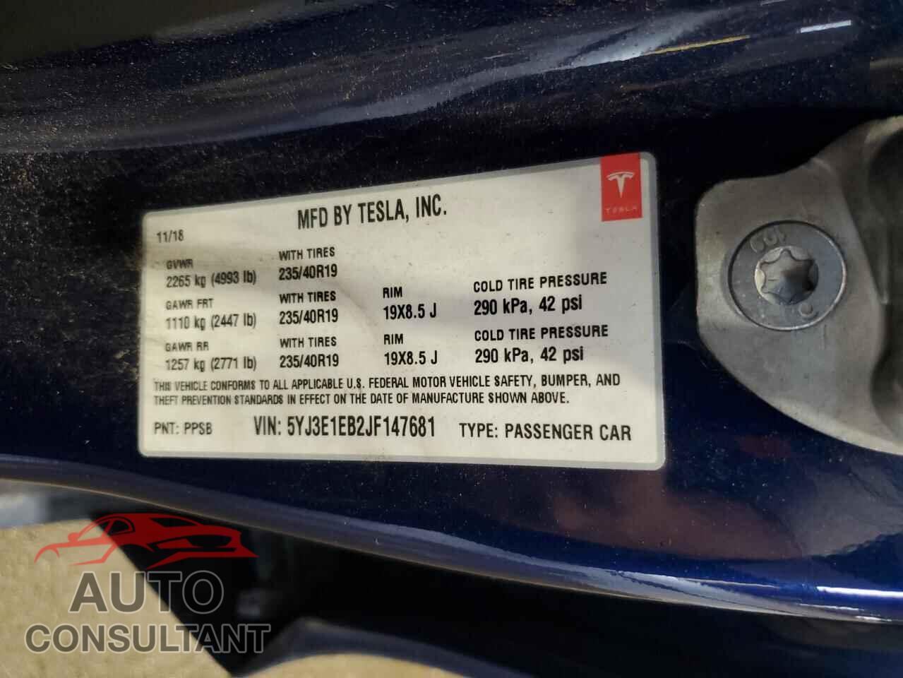TESLA MODEL 3 2018 - 5YJ3E1EB2JF147681