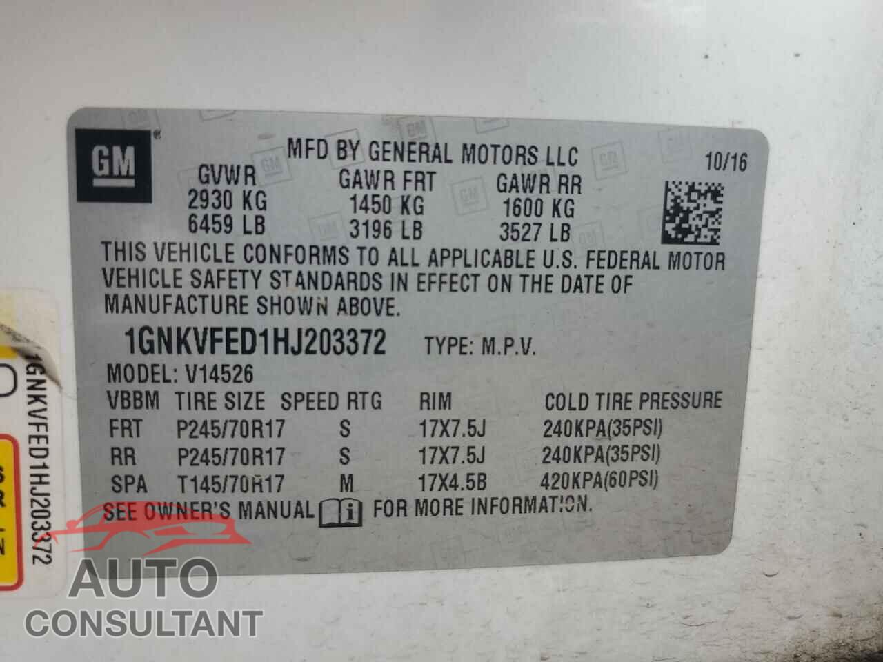 CHEVROLET TRAVERSE 2017 - 1GNKVFED1HJ203372