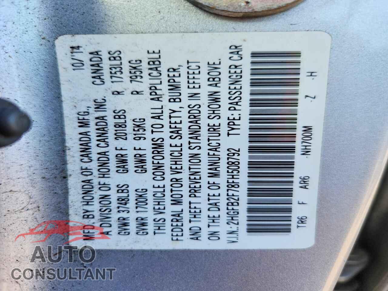 HONDA CIVIC 2015 - 2HGFB2F78FH508792