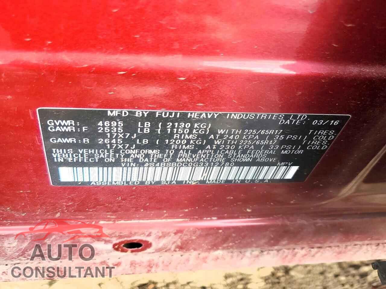SUBARU OUTBACK 2016 - 4S4BSBDC0G3312780
