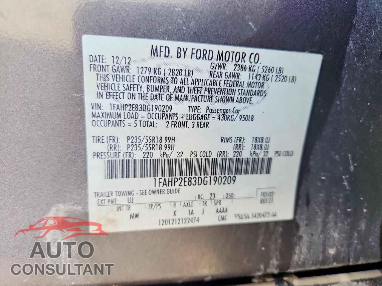 FORD TAURUS 2013 - 1FAHP2E83DG190209