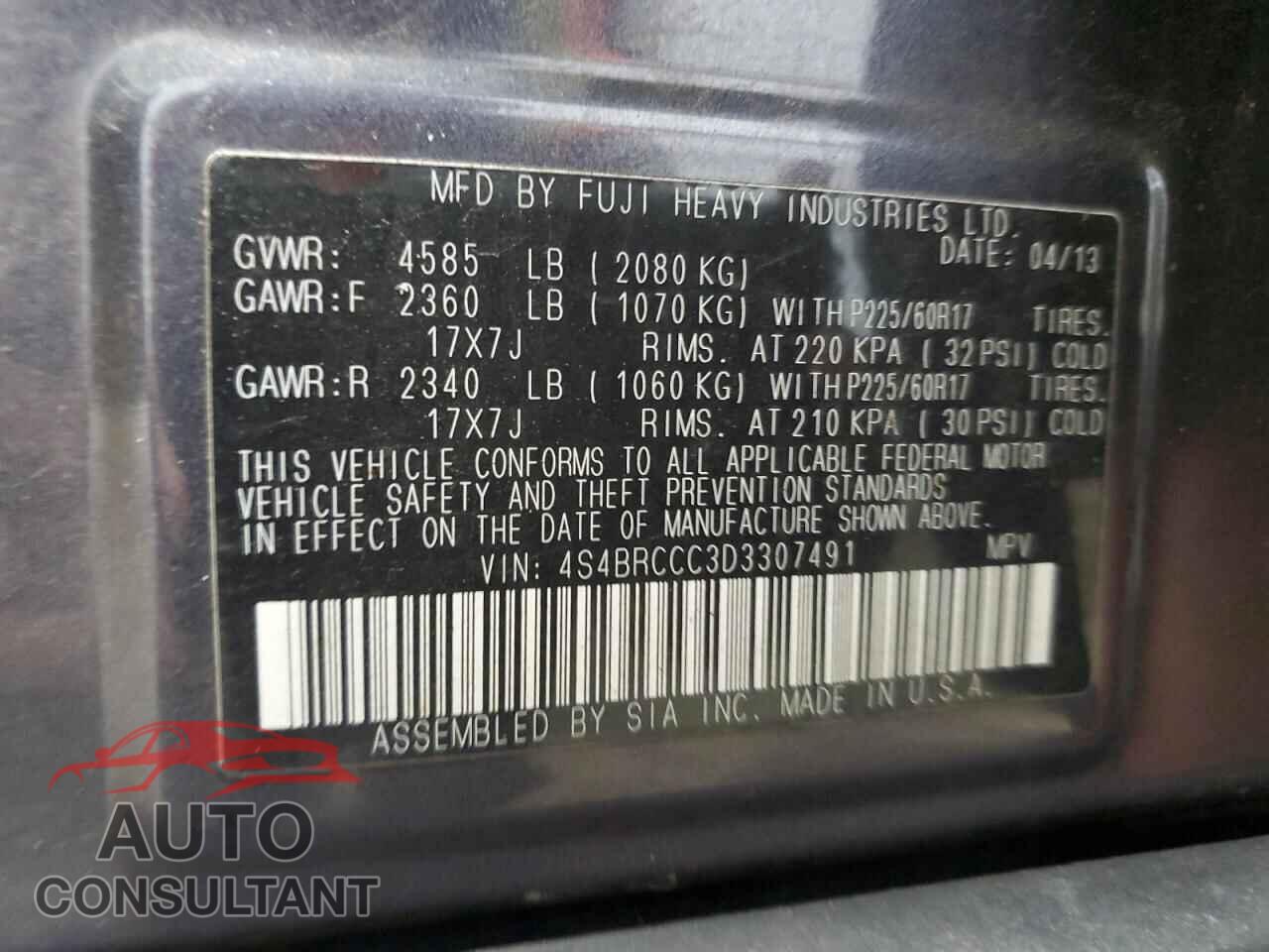 SUBARU OUTBACK 2013 - 4S4BRCCC3D3307491