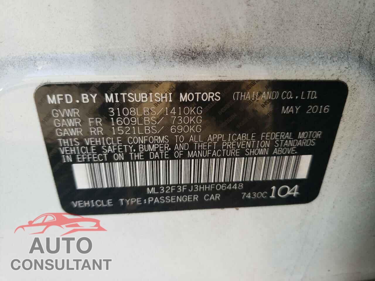 MITSUBISHI MIRAGE 2017 - ML32F3FJ3HHF06448