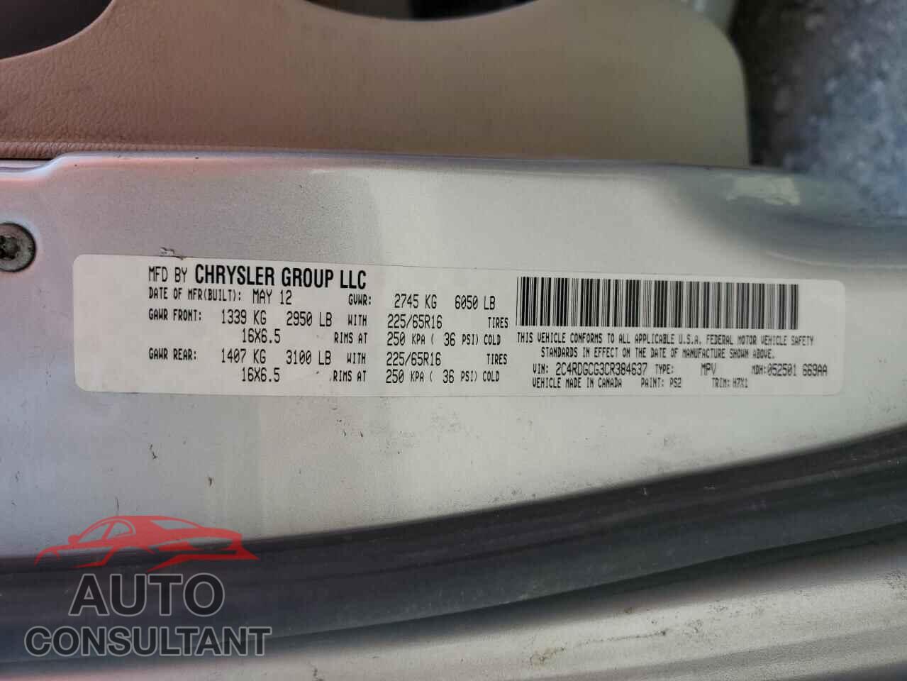 DODGE CARAVAN 2012 - 2C4RDGCG3CR384637