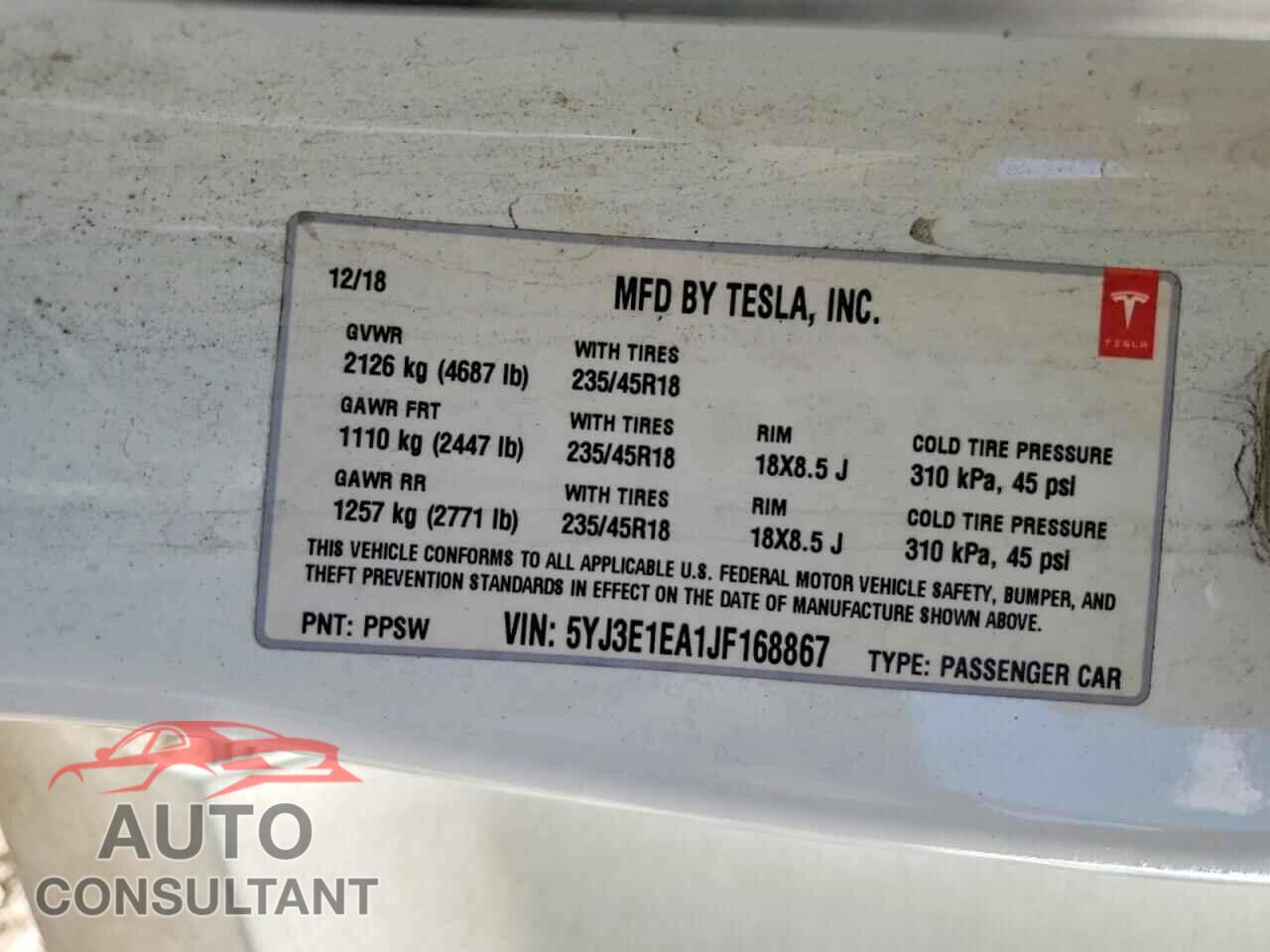 TESLA MODEL 3 2018 - 5YJ3E1EA1JF168867