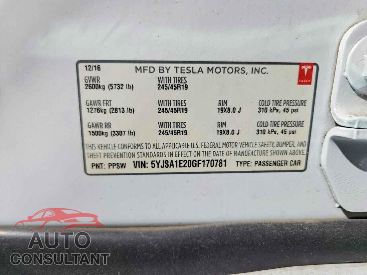 TESLA MODEL S 2016 - 5YJSA1E20GF170781