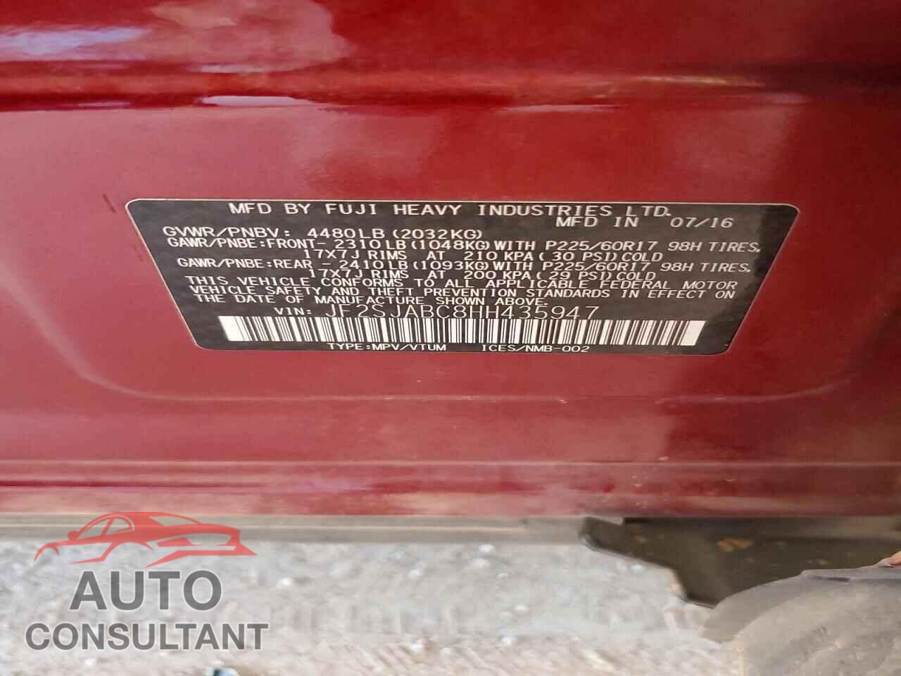 SUBARU FORESTER 2017 - JF2SJABC8HH435947